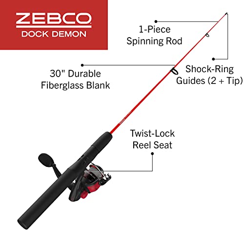 Image of Zebco Dock Demon Spinning Reel or Spincast Reel and Fishing Rod Combo, 30-Inch Durable Fiberglass Rod, QuickSet Anti-Reverse Fishing Reel