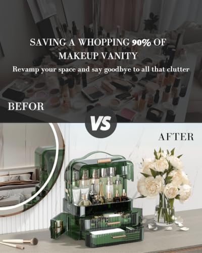 Image of LINFIDITE Cosmetics Storage Box Transparent Lid Large Makeup Organizer Box Drawers Portable Handle Waterproof Dustproof Skincare Display Cases for Countertop, Bathroom, Dresser,Gift Clear Green