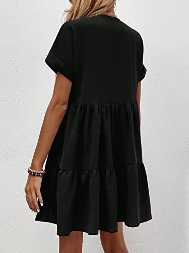 Image of WDIRARA Women's Roll Up Short Sleeve V Neck Ruffle Hem Solid Swing Smock Dress