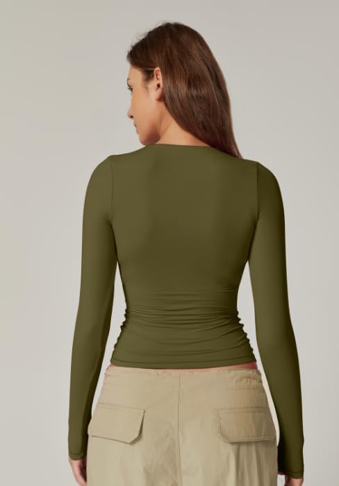 QINSEN Women's Sexy Square Neck Shirt Long Sleeve Double Lined Tees Fitted Going Out Tops - Image 2