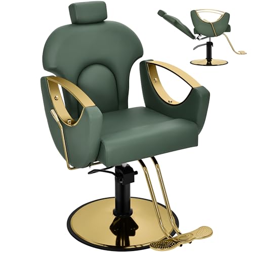 Hicomony Green Barber Chair Salon Chair for Hair Stylist, Barber Chairs for Home Barbershop, Reclining Styling Salon Hair Armchair with Hydraulic Pump, 360°Rotation, 130°Recline(Dark Green)