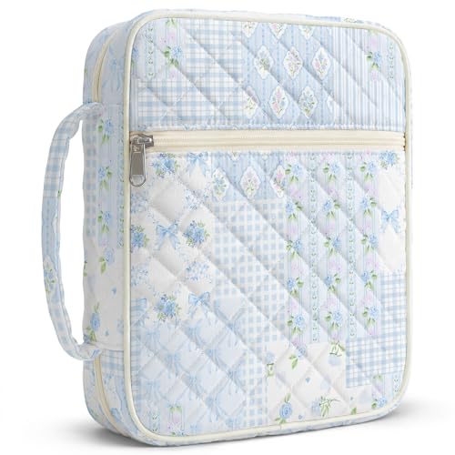 shirabags Quilted Bible Cover Case for Women - Elegant Cotton Bible Bag for Study, Church, Christian Gifts for Women (Blue Floral Bow Patchwork, M)