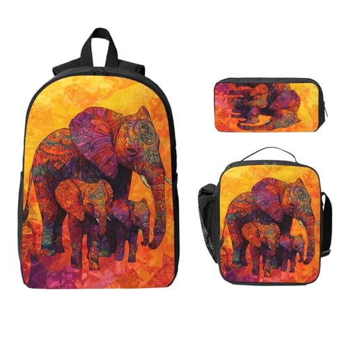 Vibrant Boho Elephant Backpacks 3 Pcs Minimalist Backpack for Men and Women with Fun Graphic Cartoon Print for Hiking Commuting