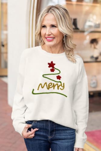 Image of LEMAFER Women 2026 Merry Christmas Round Neck Sequin Letters Sweater Casual Solid Slogan Long Sleeve Pullover Sweatshirt Tops