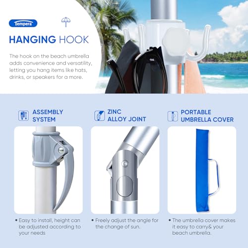 Image of Tempera Heavy Duty High Wind Beach Umbrella with Sand Anchor & Carry Bag | Patio Outdoor Umbrella with Aluminum Frame and Push Button Tilt, Ideal for Garden Lawn, UPF 60+