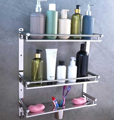 Image of ARQUIN Bathroom 3 Layer Shelf | Bathroom Accessories Set | Bathroom Storage Organiser Multipurpose Stainless Steel 3 Tier Shelf with Double Soap Dish & Toothbrush Tumbler Holder