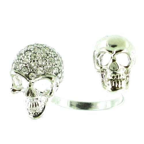 Anillo de calavera ajustable con cristales transparentes y doble cabezal de plata