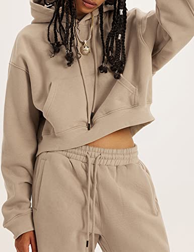 Flygo Jogger Set Women Fleece 2 Piece Sweatsuits Outfits Crop Pullover Hoodie Sweatshirt Pants with Thumb Hole(Khaki-M)