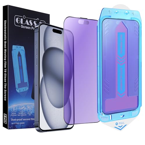 Image of 2-Pack Anti Blue Light Matte Screen Protector for iPhone 16 Plus and iPhone 15 Plus and iPhone 14 Pro Max 6.7-Inch 9H Tempered Glass, Full Coverage, Anti-Fingerprint, Auto Dust-Elimination, No Bubble, Easy Installation