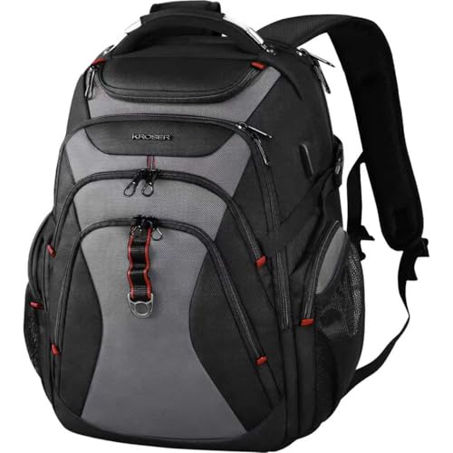KROSER Laptop Rucksack Herren 17,3 Zoll Reise XL BusinessRucksack Schwerlast Wasserdicht mit Hartgeschältem Sicherheitsraum Ladeanschluss RFID Tasche für Männer/Frauen-Schwarz Grau