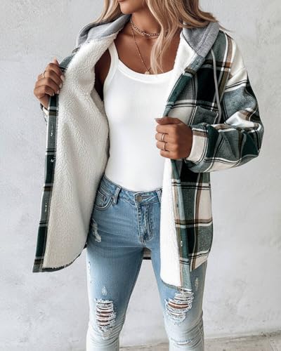 CHICME Womens Lightweight Casual Jacket 2025 Plaid Long Sleeve Shacket Fleece Lined Hooded Jackets Warm Coat2