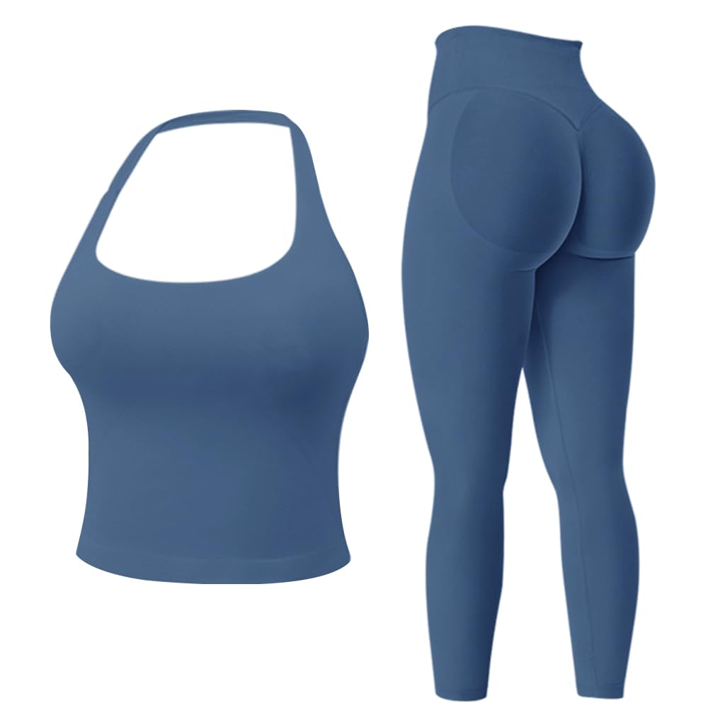 JN JANPRINT Conjuntos de gimnasio para mujer, 2 piezas, brasier deportivo sin espalda, parte superior halter, leggings ocultos, trajes de yoga, trajes de entrenamiento