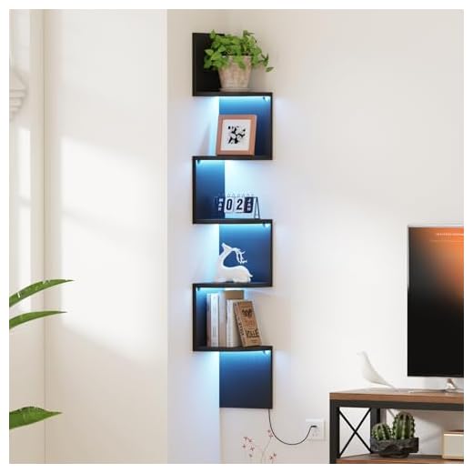 Qupui Corner Shelf Wall Mount with LED Light, 5 Tier Floating Corner Bookshelf, Plant Shelf for Bedroom, Floating Shelves for Wall, Display Stand for Living Room, Bathroom, Home Office, Black