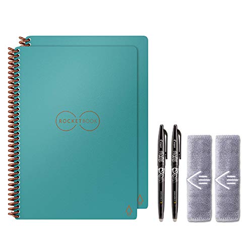 Rocketbook Holiday Bundle - 2 Smart Reusable Notebook Set with 1 Lined & 1 Dot Grid Notebook, 2 Pilot Frixion Pens & 2 Microfiber Cloths - Neptune Teal Cover, Executive Size (6" x 8.8")