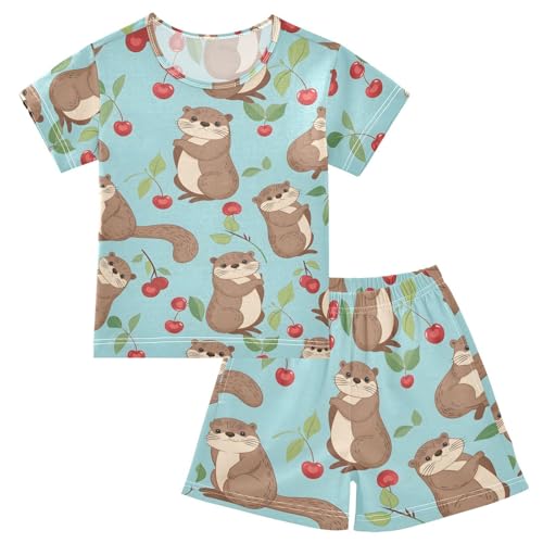 ALAZA Cherry Otter Cartoon Pajamas Short Sleeve 2 Piece Sleepwear Top and Bottom Pajama Set Unisex