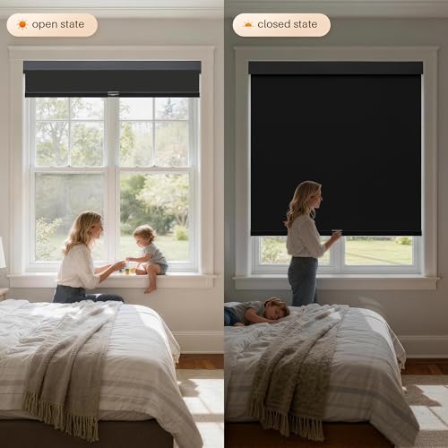 Image of Cordless Blackout Roller Shades, Free-Stop Window Shades Pull Down, Room Darkening Thermal Insulated Fabric Roller Blinds for Indoor Windows Bedroom Office (Black, 47 inch W x 72 inch H)