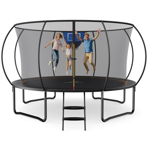 MERACH Trampolin Outdoor 305cm/366cm/427cm/488cm, Trampolin Sicherheitsnetz und Basketball, MaxLoad 150KG Bodentrampolin Outdoor Gartentrampolin