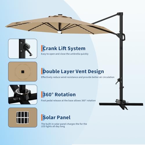 Garvee 10FT Cantilever Patio Umbrella with Solar Lights, 360° Rotation Offset Umbrella, Easy Crank & Tilt Adjustment, UV Protection for Backyard, Poolside, Deck -Tan
