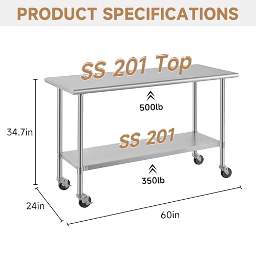 Image of ROCKPOINT All Stainless Steel Prep Table with Caster 24x60 Inch, Commercial Heavy Duty Workbench with Stainless Legs & Adjustable Undershelf, 850 lb Capacity for Outdoor Kitchens with Wheel