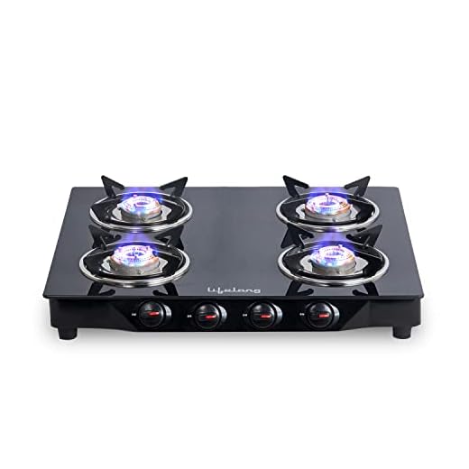 Lifelong Glass Top Gas Stove, 4 Burner Gas Stove, Black (ISI Certified,1 year warranty with Doorstep Service)