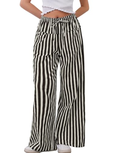 Image of MISSACTIVER Women Drawstring Striped Pants Loose Fit Wide Leg Trousers Casual Low Waist Pants Comfy Lounge Pants with Pockets Black White
