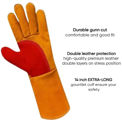 WISHPOOL Welding Gloves Heat & Fire Resistant Leather Cut Proof High Temperature Hot Metal Thermal Work Safety Protective Heavy Duty Safety Leather Hand Gloves (PACK OF 2 PAIR, YELLOW 14 INCH)