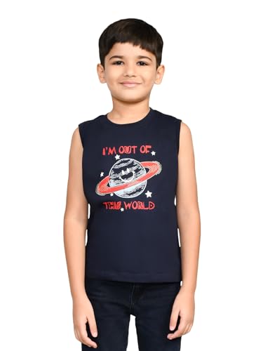 Image of Lux Cozi Printed Round Neck Sleeveless Cotton T-Shirt for Boys | Prints May Vary |