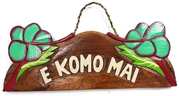 Tikimaster E Komo Mai with Hibiscus Wooden Sign 11 in X 4.5 in - Turquoise | #snd25119