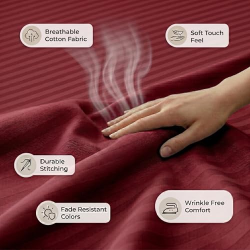 Image of Mafatlal Classic 210 TC 100% Cotton Single Bedsheet | 90 x 60 Inches | Soft & Comfortable Cotton Fabric | Elegant Italian Stripes Design | Breathable, Durable & Lightweight | Maroon