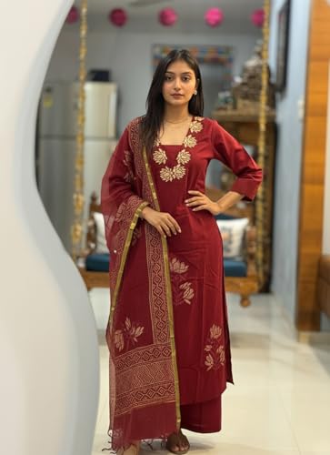 Image of ANNI Designer Women's Rayon Viscose Straight fit Printed Embroidered Kurta with Pant & Dupatta | Ethnic Kurta Set for Women | Daily, Office & Festive Traditional
