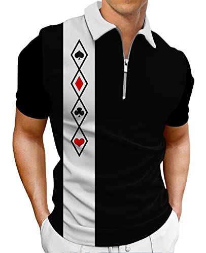 Ecosunny Men's Short Sleeve Polo Shirt Poker Symbols Printed Golf Shirts Zip Up Casual Slim Fit Athletic T-Shirts