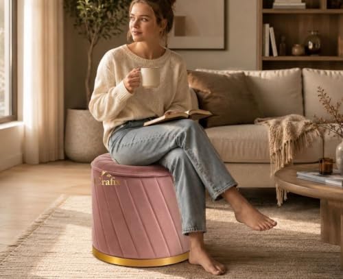 Image of Luxury Velvet Ottoman Stool for Living Room & Bedroom | Premium Round Pouffe with Gold Metal Base | Modern Footrest, Extra Seating & Home Decor (Pink Set of 2)