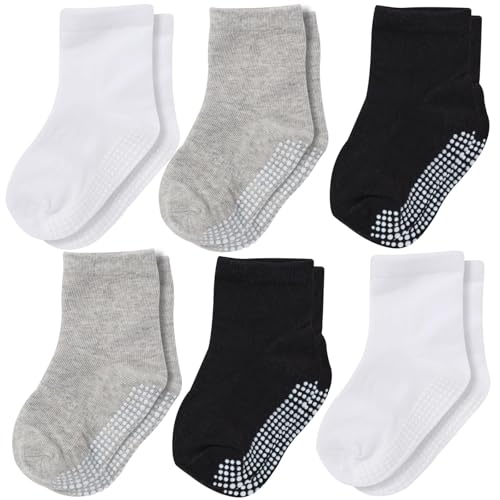 CozyWay Kids Socks With Grippers Non Slip Crew Grip Socks for Girls and Boys Soft Comfy Cotton Unisex - 6 Pack