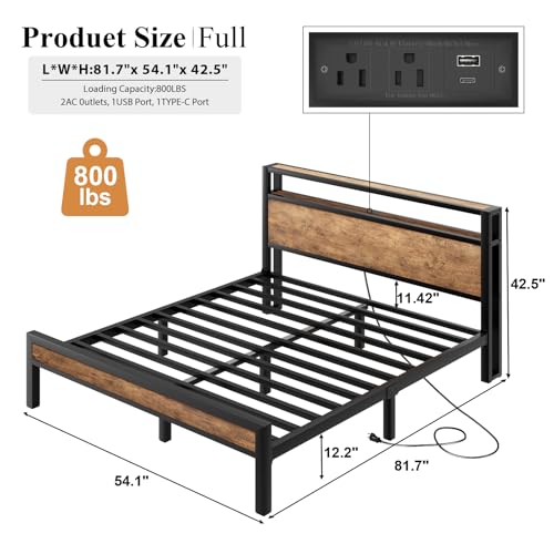 Image of LOEWAY Full Size Bed Frame with Storage Headboard, Industrial Platform Bed with Charging Station and LED Lights, Heavy Duty Metal Slats, No Box Spring Need, Noise Free, Rustic Brown