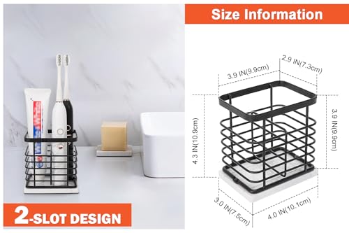 Image of Toothbrush Holder, Luxurious Metal Toothbrush Toothpaste Holder with Marble Base for Bathroom, Multi-Slots Openwork Design, Bathroom Accessory for Storage and Organizer (Small, Matte Black)