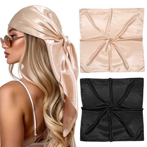 CHLINS 35” Large Head Scarf for Women Satin Hair Scarf 2Pcs Square Silk Head Scarf Bandana...