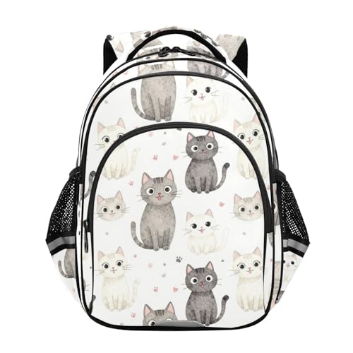 KLL Mochila de viaje para niñas, niños, estudiantes, laptop, adolescentes, niños, mochilas de viaje, estilo kawaii, cara de gato, gris y blanco