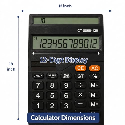 Image of 12 Digit Dual Screen Desktop Calculator with Big Keys, GT & Memory Functions, Auto Power Off, Professional Electronic Calculator for Home, Office & Retail Use, Black