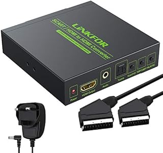 LiNKFOR SCART to HDMI Converter SCART + HDMI to HDMI Converter Adapter Supports RGB and CVBS Video Signals to HDMI 720P/1080P with 3.5mm Headphone Stereo Audio Compatible with HDTV STB PS3 Blu-ray DVD