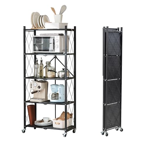 BRIAN & DANY 5-Tier Foldable Storage Shelves with Wheels, Folding Metal Rack Shelving Unit, Heavy Duty No Assembly Organizer Shelf for Garage, Kitchen, Basement, Pantry, Black