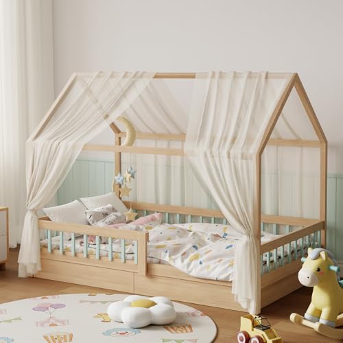 Kmhesvi Ciel de lit cabane 2 pièces - Voilage en Forme de Tente 150x350 cm, Décoration Chambre Enfant Fille ou garçon (Beige)