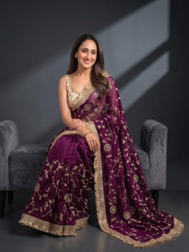 Image of 'Women's Space Sattin Bits Sequence Work Saree With Contrast Running Blouse | Embroidered Work Saree with Golden Floral Thread Work & Designer Border | Party Wedding Saree