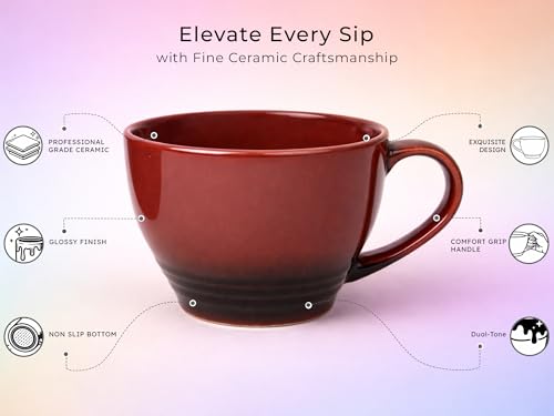 Image of Bodhi House Large Ceramic Coffee Mug | Microwave & Dishwasher Safe | Bone-Ash Free Cappuccino Mug | Multi-Purpose Food Grade Latte Coffee Mug Ideal for Daily Use & Gifting (500ml | Deep Red)