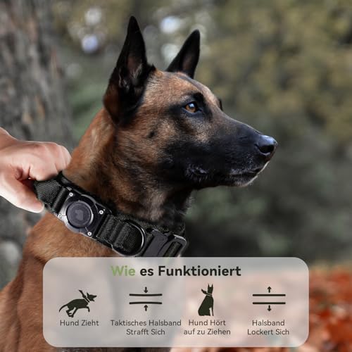 JIARUI Taktisches Hundehalsband mit Griff, Wasserdichter Airtag Hundehalsband, Dickes Verstellbares Halsband Hund mit Gepolstert, Metallschnalle für Mittlere Große Hunde (Schwarz, M(15'-18.5'))