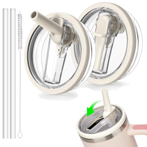 Linkgood 2 Stück für Stanley Cup Deckel Auslaufsicher, mit 2 Stück Trinkhalmen, Ersatzdeckel für Stanley 40oz Becher, Wiederverwendbarer, Deckel für Stanley Cup, Zubehör für Stanley Cup (Beige)