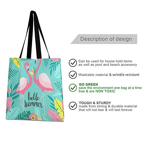 Turquoise Tropical Palm Leaves Two Pink Flamingos Hello Summer Women Large Casual Handbag Grocery Reusable Tote Bag Canvas Shoulder Bags for Shopping Travel Outdoors2