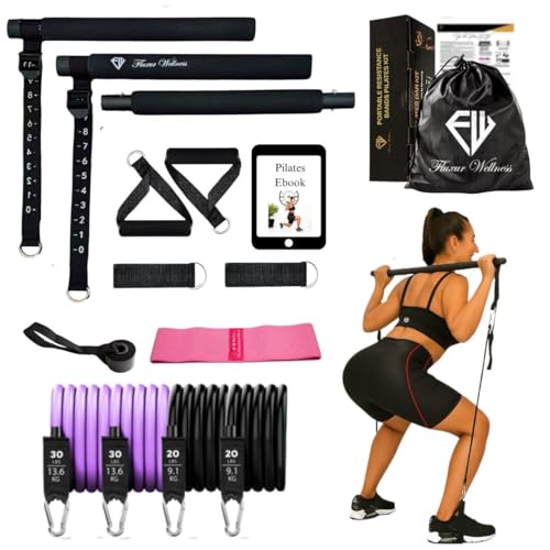 FLUXUR WELLNESS Pilates Kit For Home Workouts Women and Men - Adjustable Home Pilates Kit with Resistance Bands and Weighted Bars For Exercise - Full Body Workout Equipment Includes eBook & Booty Band