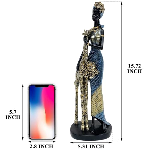 Estatua Africana Tribal Lady y Jirafa 15.7 pulgadas miniatura 2