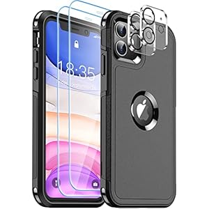 SUPFINE 5 in 1 for iPhone 11 Case, [10 FT Military Dropproof] [2+Tempered Glass Screen, 2+Tempered Camera Lens Protector] Non-Slip Heavy Duty Shockproof Phone Case,Black