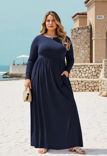Image of Nemidor Plus Size Maxi Dress for Curvy Women Fall Casual Loose Long Sleeve Dresses with Pocket 14-26